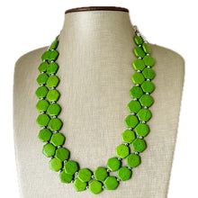 Load image into Gallery viewer, Bright Green Chunky Statement Necklace, Big beaded jewelry, 2 Strand Statement Bib necklace, silver geometric bridesmaid wedding earrings