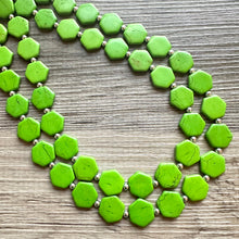 Load image into Gallery viewer, Bright Green Chunky Statement Necklace, Big beaded jewelry, 2 Strand Statement Bib necklace, silver geometric bridesmaid wedding earrings