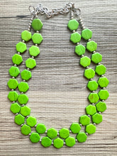 Load image into Gallery viewer, Bright Green Chunky Statement Necklace, Big beaded jewelry, 2 Strand Statement Bib necklace, silver geometric bridesmaid wedding earrings