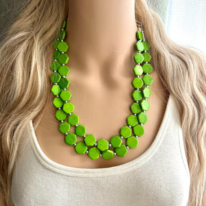 Bright Green Chunky Statement Necklace, Big beaded jewelry, 2 Strand Statement Bib necklace, silver geometric bridesmaid wedding earrings