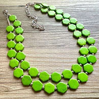 Bright Green Chunky Statement Necklace, Big beaded jewelry, 2 Strand Statement Bib necklace, silver geometric bridesmaid wedding earrings