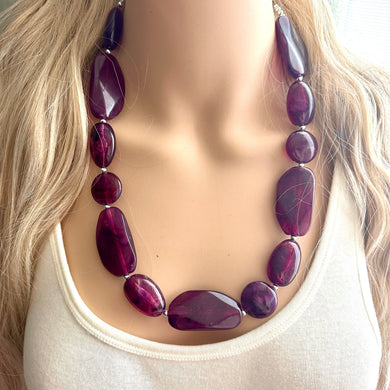 Long Eggplant purple Statement Necklace, Chunky Beaded Necklace Jewelry, long necklace, bead earrings creamy geometric jewelry layering