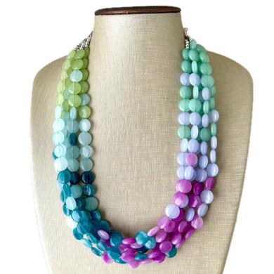 Naples Beach Resort Statement Necklace, Chunky 5 Strand Jewelry, periwinkle mint necklace, bib beaded collar green bead blue wintermint