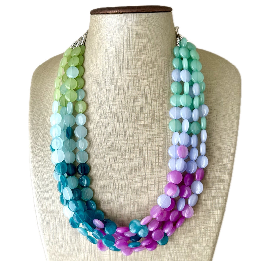 Naples Beach Resort Statement Necklace, Chunky 5 Strand Jewelry, periwinkle mint necklace, bib beaded collar green bead blue wintermint