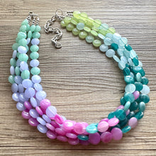 Load image into Gallery viewer, Naples Beach Resort Statement Necklace, Chunky 5 Strand Jewelry, periwinkle mint necklace, bib beaded collar green bead blue wintermint