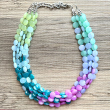 Load image into Gallery viewer, Naples Beach Resort Statement Necklace, Chunky 5 Strand Jewelry, periwinkle mint necklace, bib beaded collar green bead blue wintermint