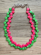 Load image into Gallery viewer, Hot Pink &amp; Green Double Statement Necklace, Chunky Jewelry Big Beaded Necklace, dark pink Necklace, magenta pink Jewelry bubble Earrings