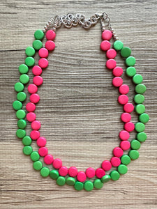 Hot Pink & Green Double Statement Necklace, Chunky Jewelry Big Beaded Necklace, dark pink Necklace, magenta pink Jewelry bubble Earrings