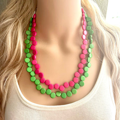 Hot Pink & Green Double Statement Necklace, Chunky Jewelry Big Beaded Necklace, dark pink Necklace, magenta pink Jewelry bubble Earrings