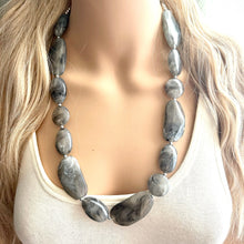 Load image into Gallery viewer, Long Gray Swirl Statement Necklace, Chunky Beaded Necklace Jewelry, long necklace, bead earrings creamy geometric jewelry layering