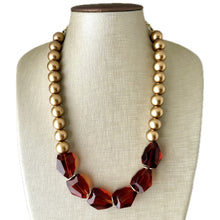 Load image into Gallery viewer, Brown Glass Bead Chunky Statement Necklace, wood gold long necklace, geometric jewelry beaded necklace, layering necklace jewelry