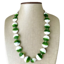 Load image into Gallery viewer, Green &amp; White Glass Single Strand Beaded Statement Necklace, Kelly green beaded necklace, bridesmaid jewelry layering geometric chunky