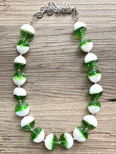 Load image into Gallery viewer, Green &amp; White Glass Single Strand Beaded Statement Necklace, Kelly green beaded necklace, bridesmaid jewelry layering geometric chunky