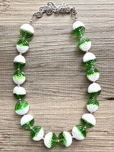 Green & White Glass Single Strand Beaded Statement Necklace, Kelly green beaded necklace, bridesmaid jewelry layering geometric chunky