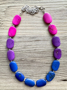 Jewel Tone Stone Chunky Statement Necklace single Strand Beaded jewelry, bridesmaid bib wedding bead OOAK pink purple blue geometric