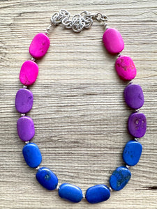 Jewel Tone Stone Chunky Statement Necklace single Strand Beaded jewelry, bridesmaid bib wedding bead OOAK pink purple blue geometric