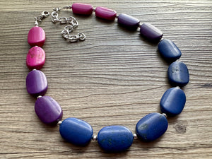 Jewel Tone Stone Chunky Statement Necklace single Strand Beaded jewelry, bridesmaid bib wedding bead OOAK pink purple blue geometric