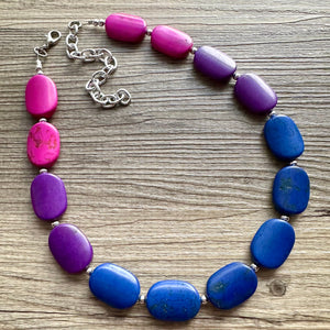 Jewel Tone Stone Chunky Statement Necklace single Strand Beaded jewelry, bridesmaid bib wedding bead OOAK pink purple blue geometric