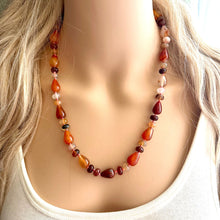 Load image into Gallery viewer, Natural Striped carnelian Beaded 1 strand Statement Necklace, Chunky Bib Single Light orange stone jewelry, gemstone layering red cream gold