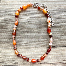 Load image into Gallery viewer, Natural Striped carnelian Beaded 1 strand Statement Necklace, Chunky Bib Single Light orange stone jewelry, gemstone layering red cream gold