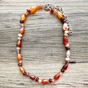 Natural Striped carnelian Beaded 1 strand Statement Necklace, Chunky Bib Single Light orange stone jewelry, gemstone layering red cream gold