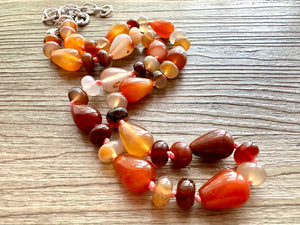 Natural Striped carnelian Beaded 1 strand Statement Necklace, Chunky Bib Single Light orange stone jewelry, gemstone layering red cream gold