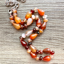 Load image into Gallery viewer, Natural Striped carnelian Beaded 1 strand Statement Necklace, Chunky Bib Single Light orange stone jewelry, gemstone layering red cream gold