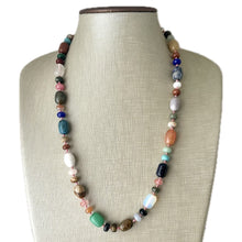 Load image into Gallery viewer, Polished Agate Genuine GemStone Necklace rainbow, silver statement necklace jewelry, long beaded statement layering beaded stone colorful