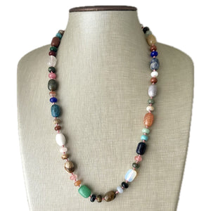 Polished Agate Genuine GemStone Necklace rainbow, silver statement necklace jewelry, long beaded statement layering beaded stone colorful