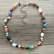 Load image into Gallery viewer, Polished Agate Genuine GemStone Necklace rainbow, silver statement necklace jewelry, long beaded statement layering beaded stone colorful