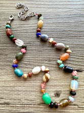 Load image into Gallery viewer, Polished Agate Genuine GemStone Necklace rainbow, silver statement necklace jewelry, long beaded statement layering beaded stone colorful