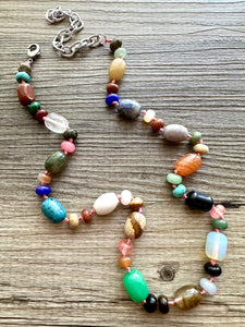 Polished Agate Genuine GemStone Necklace rainbow, silver statement necklace jewelry, long beaded statement layering beaded stone colorful