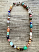 Load image into Gallery viewer, Polished Agate Genuine GemStone Necklace rainbow, silver statement necklace jewelry, long beaded statement layering beaded stone colorful