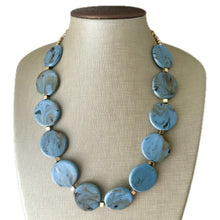 Load image into Gallery viewer, Aqua Blue &amp; Gold painted Statement Necklace jewelry, blue bib necklace, geometric necklace single strand aqua teal sky beaded