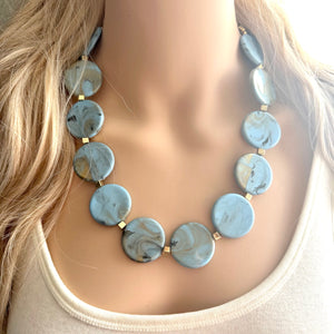 Aqua Blue & Gold painted Statement Necklace jewelry, blue bib necklace, geometric necklace single strand aqua teal sky beaded