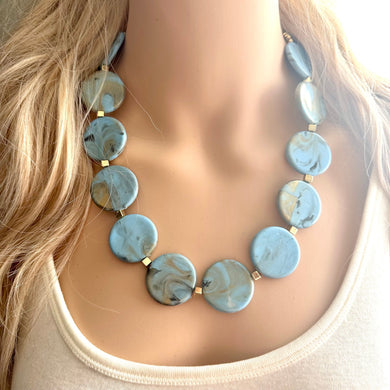 Aqua Blue & Gold painted Statement Necklace jewelry, blue bib necklace, geometric necklace single strand aqua teal sky beaded