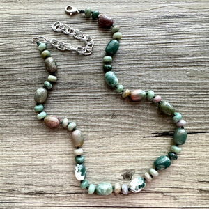 Natural Indian Agate Genuine GemStone Necklace rainbow, silver statement jewelry long beaded statement layering beaded stone colorful