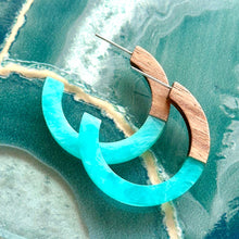 Load image into Gallery viewer, Turquoise Hoop earrings, resin &amp; wood round circle earrings, thin earrings, blue creamy earrings hoops, aqua light blue weekend summer