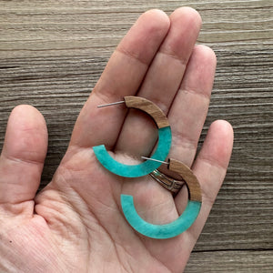 Turquoise Hoop earrings, resin & wood round circle earrings, thin earrings, blue creamy earrings hoops, aqua light blue weekend summer