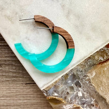 Load image into Gallery viewer, Turquoise Hoop earrings, resin &amp; wood round circle earrings, thin earrings, blue creamy earrings hoops, aqua light blue weekend summer