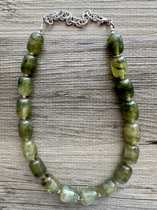 Olive Green Chunky Statement Necklace, Big beaded jewelry, Single Strand Resin Statement Necklace, Bib army green bridesmaid wedding