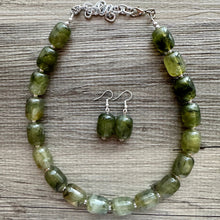 Load image into Gallery viewer, Olive Green Chunky Statement Necklace, Big beaded jewelry, Single Strand Resin Statement Necklace, Bib army green bridesmaid wedding