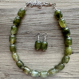 Olive Green Chunky Statement Necklace, Big beaded jewelry, Single Strand Resin Statement Necklace, Bib army green bridesmaid wedding
