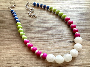 White Rainbow Necklace, single strand jewel tones jewelry, beaded chunky statement layering necklace, colorful purple blue green stones