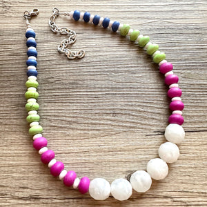 White Rainbow Necklace, single strand jewel tones jewelry, beaded chunky statement layering necklace, colorful purple blue green stones