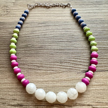 Load image into Gallery viewer, White Rainbow Necklace, single strand jewel tones jewelry, beaded chunky statement layering necklace, colorful purple blue green stones