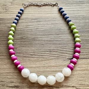 White Rainbow Necklace, single strand jewel tones jewelry, beaded chunky statement layering necklace, colorful purple blue green stones