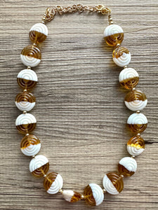 Caramel & White Glass Single Strand Beaded Statement Necklace, tan beaded necklace, bridesmaid jewelry layering geometric chunky