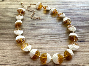 Caramel & White Glass Single Strand Beaded Statement Necklace, tan beaded necklace, bridesmaid jewelry layering geometric chunky