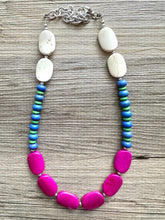 Load image into Gallery viewer, White Rainbow Necklace, single strand jewel tones jewelry, beaded chunky statement layering necklace, colorful purple blue green stones